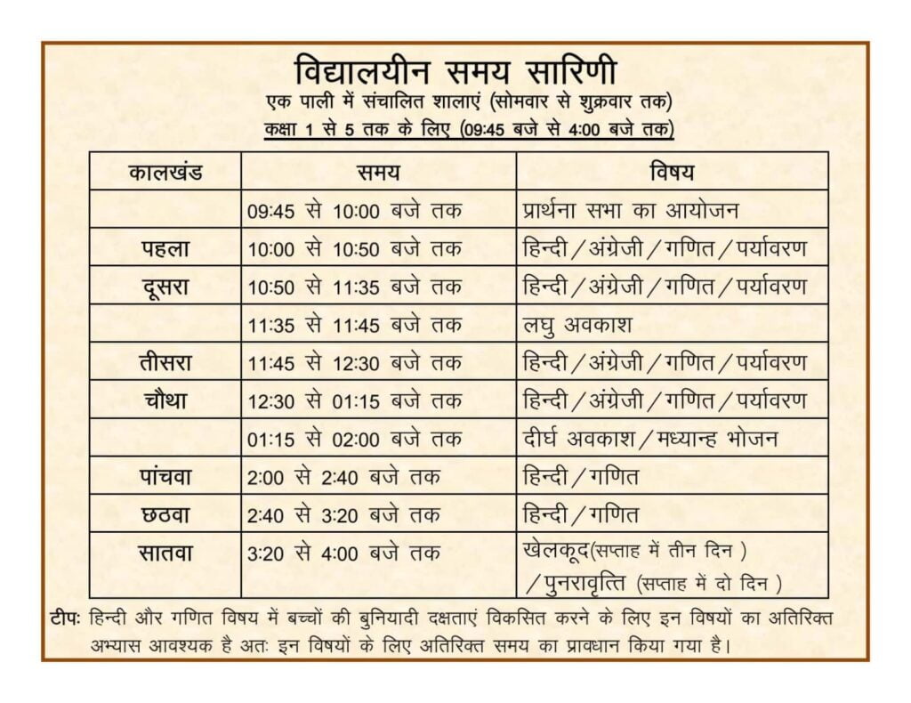school operating time table