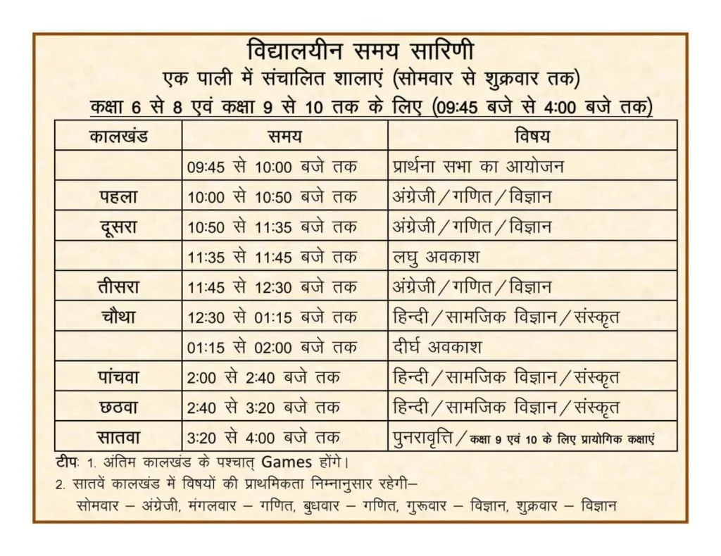 समय सारणी कक्षा 6वीं से 8वीं
