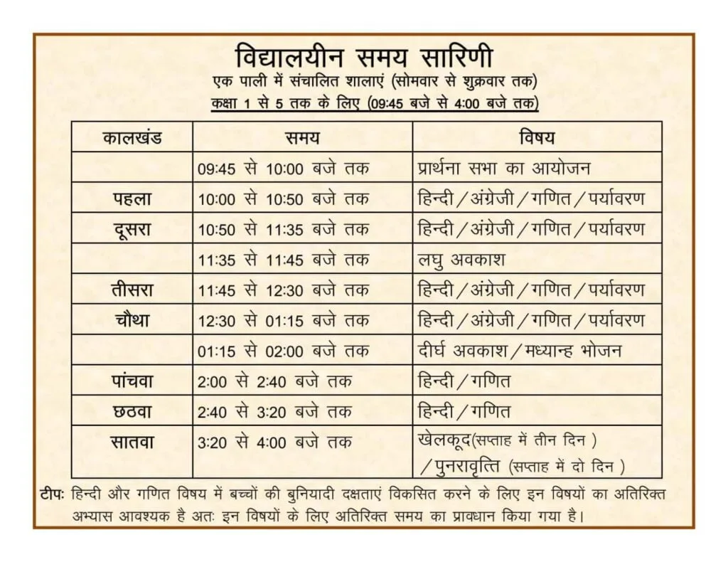 शाला संचालन समय सारणी [School Timing 2023-24]