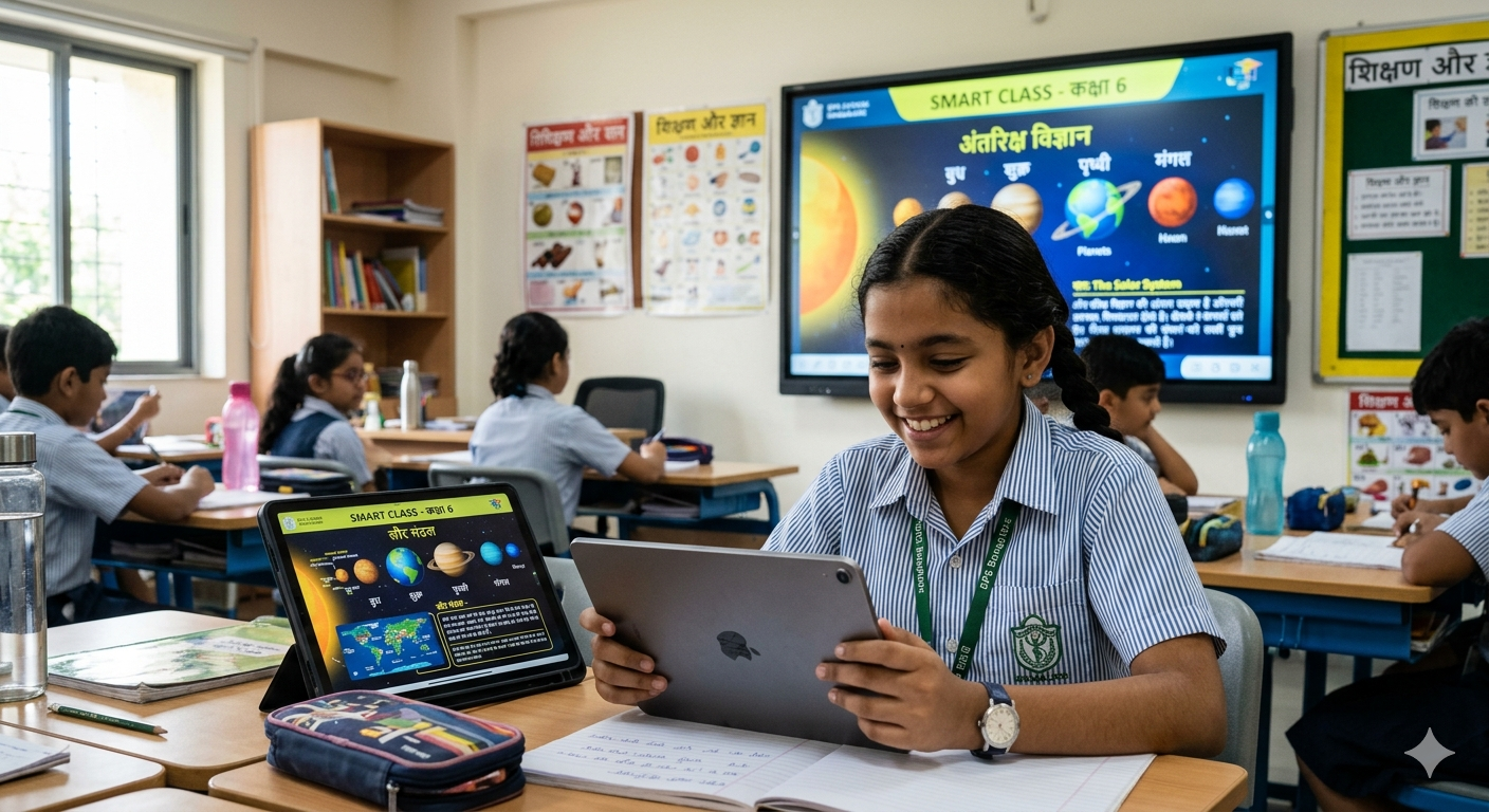 डिजिटल शिक्षा का नया प्रोग्राम पढ़ता हुआ खुश छात्र