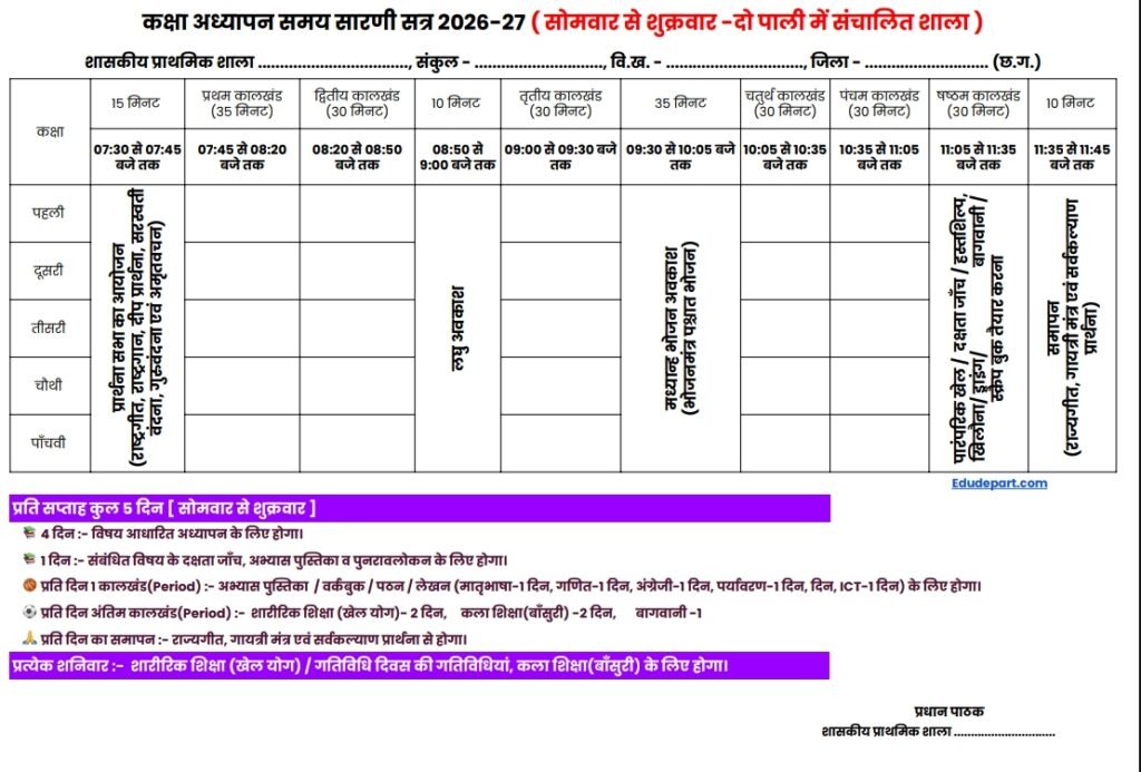 शाला संचालन समय सारणी [School Timing 2026-27]