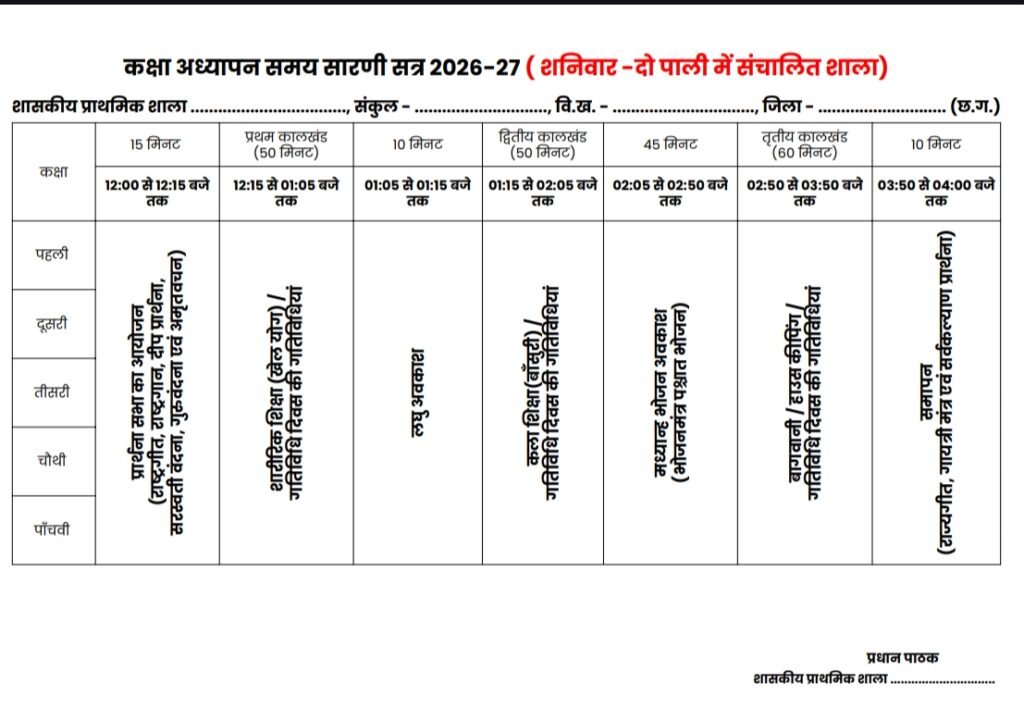 शाला संचालन समय सारणी [School Timing 2026-27]
