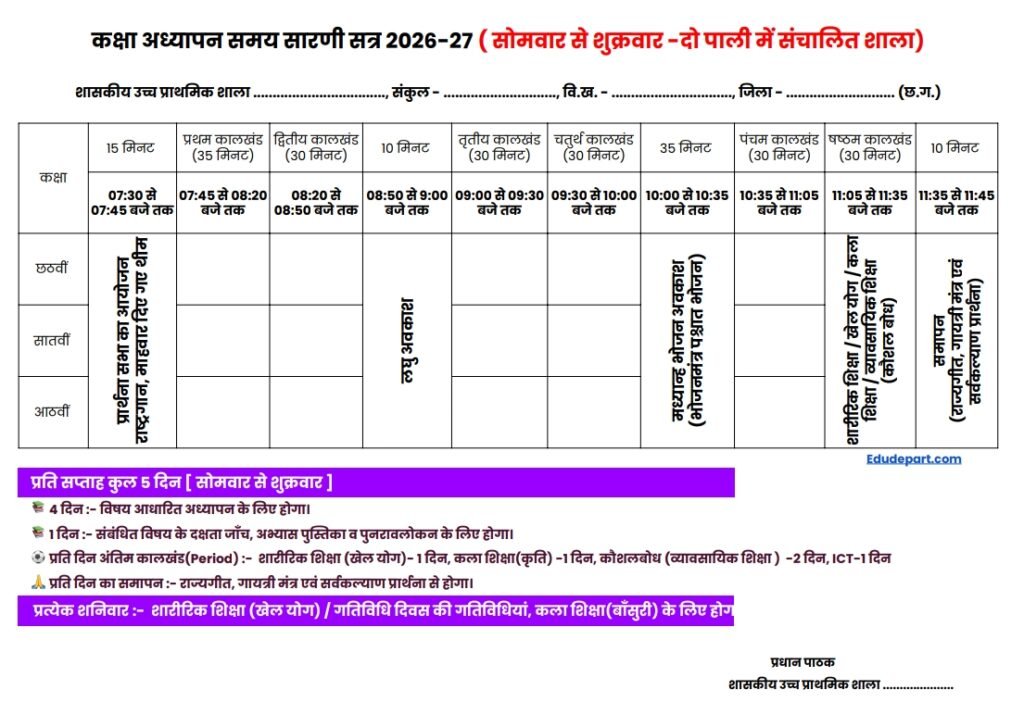 शाला संचालन समय सारणी [School Timing 2026-27]