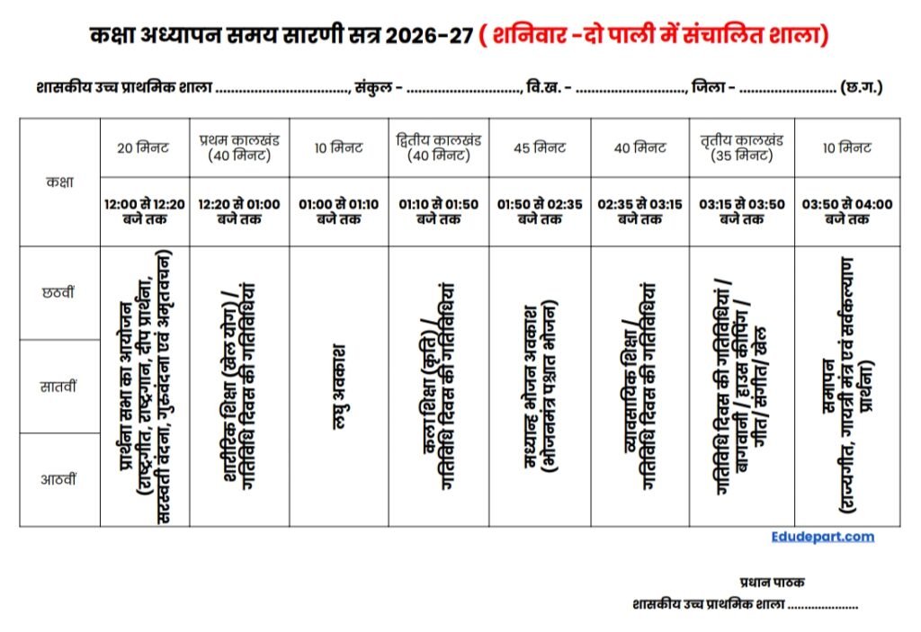 शाला संचालन समय सारणी [School Timing 2026-27]