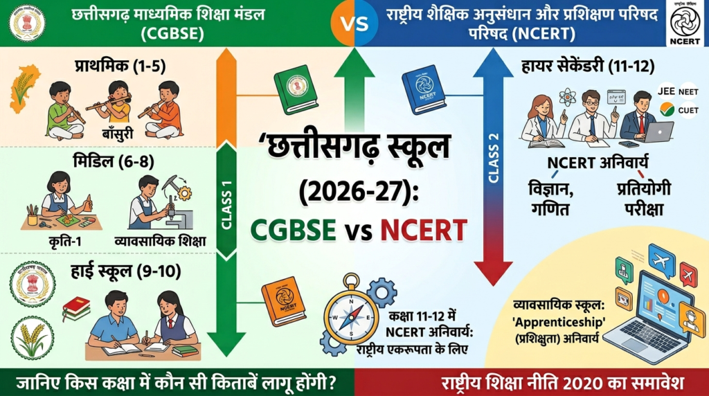 CGBSE vs NCERT पाठ्यक्रम (2026-27): जानिए किस कक्षा में कौन सी किताबें लागू होंगी?