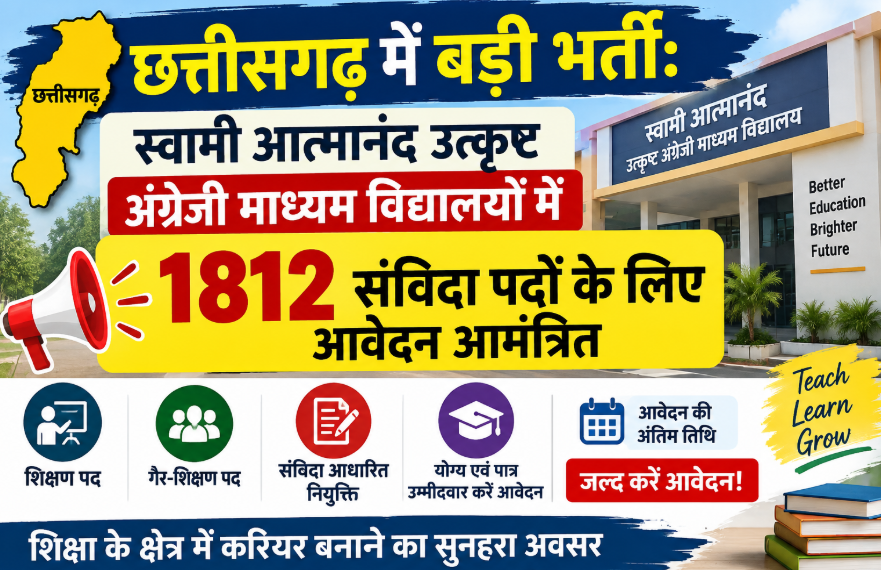 छत्तीसगढ़ में बड़ी भर्ती: स्वामी आत्मानंद उत्कृष्ट अंग्रेजी माध्यम विद्यालयों में 1812 संविदा पदों के लिए आवेदन आमंत्रित