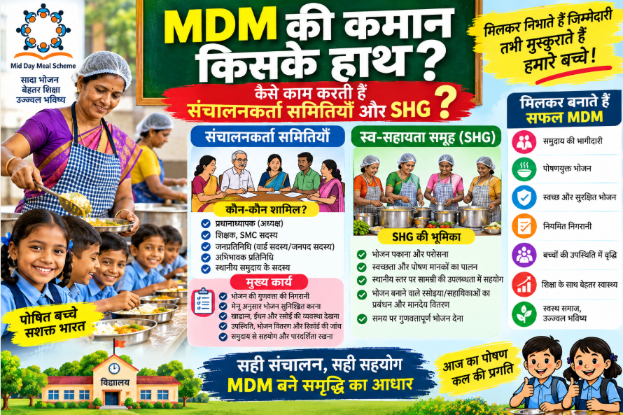 Who oversees the MDM? How do the managing committees and SHGs function?